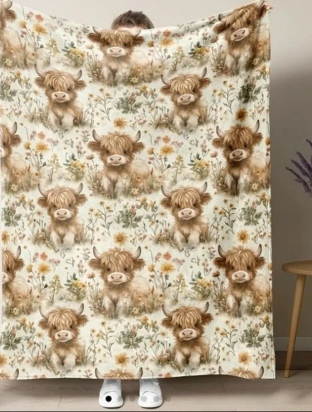 Source Unknown Cream Highland Cow Floral Throw Blanket